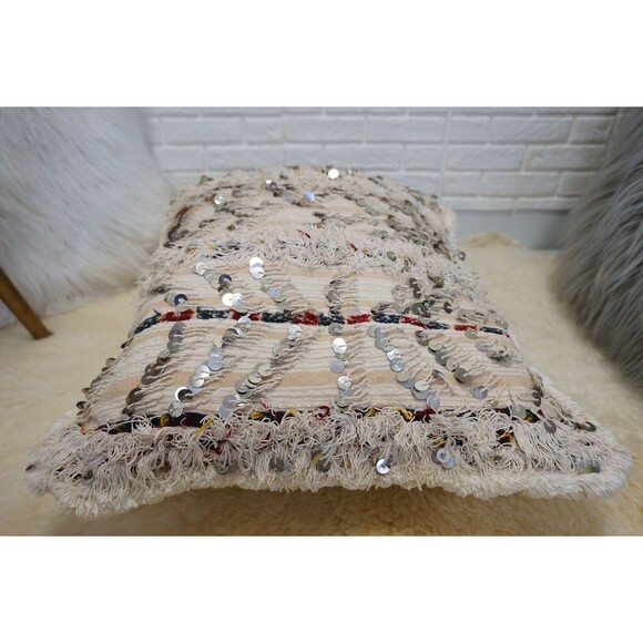 Vintage Moroccan Wedding Blanket Pillow: White Handira Lumbar Cushion 03YL0456 - Picture 7 of 10